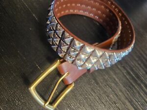 MENS BROWN 3 ROW PYRAMID STUD LEATHER BELT-SIZE LARGE-PUNK GOTHIC