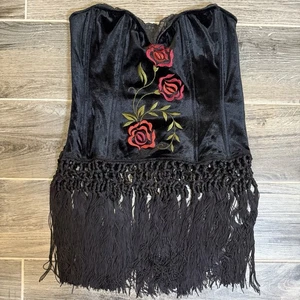 Vintage Victoria's Secret Black Velvet Rose Embroidered Fringe Corset RARE Sz L - Picture 1 of 12