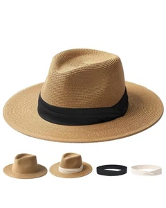 Panama Hat Sun Hats for Women Men Wide Brim Fedora Straw Beach Hat UV UPF 80+ - Picture 1 of 8