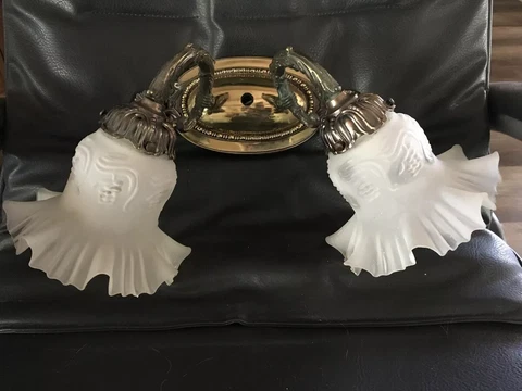 Vintage Ornate Art Nouveau , 2 Light Brass wall Sconce White Ruffled Shades Cover