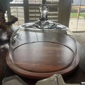 Crate & Barrel 12 X 8 Glass Cloche Dome Acacia Wood Dessert Cheese Serving Tray - Picture 1 of 6