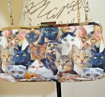 Unique Print Cat Purse Bag Clutch Cross Body Silver Chain Crazy Cat Lady Fun - Image 1 of 4