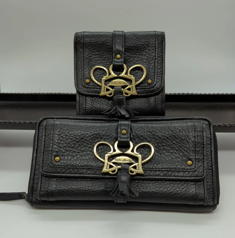 2 Kate Landry Black Leather Full & Mini Matching Wallet Set, Brass Accent/Tassel - Image 1 of 4