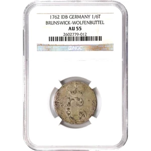 1762 IDB German States Brunswick Wolfenbuttel 1/6 Thaler, NGC AU 55, Germany - Picture 1 of 2