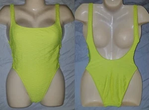 VTG 90 Daffy 4 Neon Yellow High French Cut Swimsuit Textured Button Keyhole Side - Picture 1 of 12