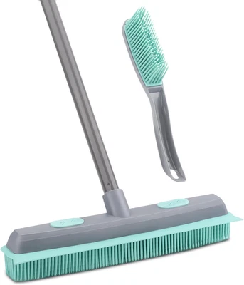 Rubber Broom Carpet Rake for Pet Hair, Fur Remover Broom with Squeegee, Portable - Image 1 of 4