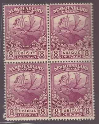 NEWFOUNDLAND 121 1919 8c RED TRAIL OF THE CARIBOU OBIQUE  XF MLH L L EFT BLOCK - Image 1 of 2