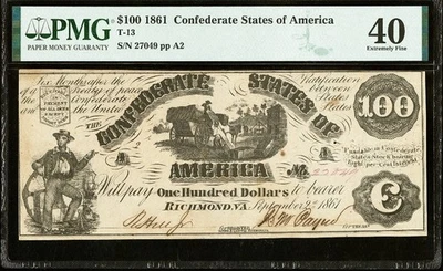 T-13 $100 1861 Confederate States Civil War Obsolete Banknote Currency, PMG XF40 - Image 1 of 4