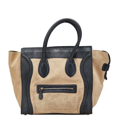 Celine Luggage Mini Shopper Beige Navy Suede Leather Tote Vintage Authentic - Image 1 of 4