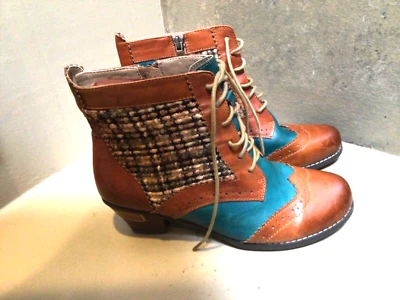 Elite by Corkys NOVAS BOTAS Femininas Couro Azul Jade Bronzeado e Tweed Tamanho 8 EUA 39 UE - Imagem 1 de 4