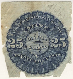 ✅ SALE! 25-cent Revenue Beer Stamp ~ 1866 ~ REA 3 ~ Punched cancel ~ NICE! - Picture 1 of 1