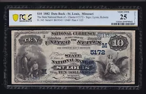 1882 $10 National Date Back State NB St Louis Chtr#5172 FR 545 PCGS 25 VF (345) - Picture 1 of 2