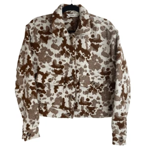 Sonoma Brown White Cow Print Collared Long Sleeve Cropped Shacket Size S New - Picture 1 of 5