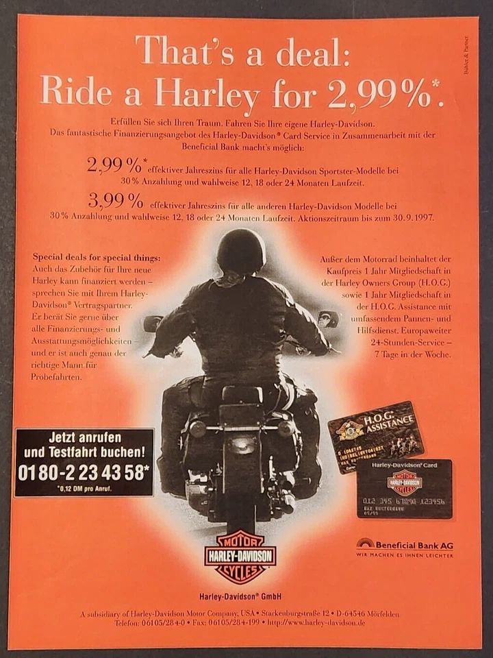 17. Harley Davidson GmbH Motorrad Bilddokument Werbeanzeige Werbung Reklame 1997 - Bild 1 von 1