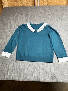 Suzuya Cardigan  Sweater Dark Green white Lace  Sleeves collar LARGE 165/90 - Picture 1 of 7