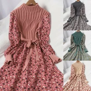 Mujeres Largo Floral Vestido Pana Tejido Empalme Pullover Con Cordones Suelto Dulce - Imagen 1 de 14