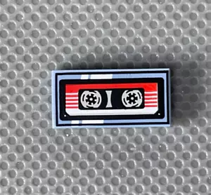 LEGO 1x2 Sand Blue Tile Cassette Tape Red & White Striped Label Black Frame (x1) - Picture 1 of 8