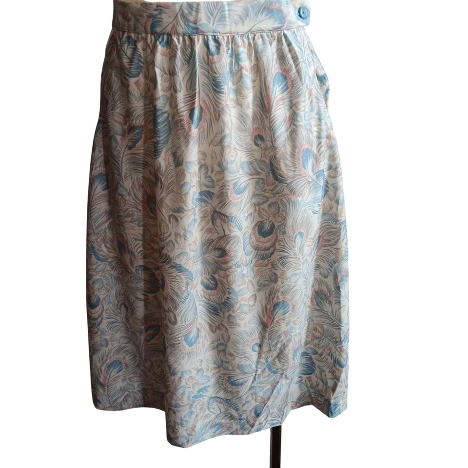 Falda 1OF1 27" 27W Vintage Estampado Pluma de Pavo Real Hasta la Rodilla Bolsillos Laterales Años 70 Foto 1 de 4