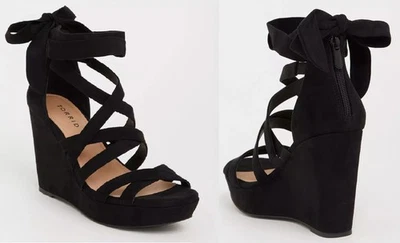 Zapatos TORRID (7) Negro Gamuza Tirantes Envolvente Plataforma Cuña WW EXTRA ANCHOS Punta Abierta Foto 1 de 4