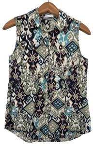 Van Heusen Womens Top Sz S Green/Brown Ikat Sleeveless Tank Boho Lightwt Artsy - Picture 1 of 10