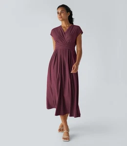 Breezeful V Neck Short Sleeve Side Pocket Tie Back Quick Dry Midi Casual Dress L - Picture 1 of 13