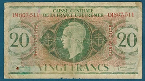 BILLET DE BANQUE - GUADELOUPE 20 FRANCS Pick n°28.a du 2-2-1944 en TB LM 867,511 - Afbeelding 1 van 2