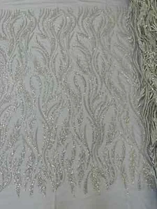 Leaf Pattern Wavy Line Bead Fabric - Silver - Embroidered Wedding Fabric By Yard - Picture 1 of 4