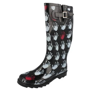 Damas Negro Goma Wellie Blanco Rojo Impresiones a Mano X1110 - Imagen 1 de 9