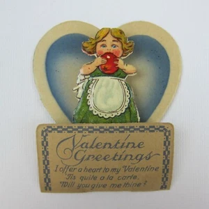 Vintage Valentine 3D Pop Up Die Cut Blonde Girl Green Dress Apron Apple UNSIGNED - Picture 1 of 12