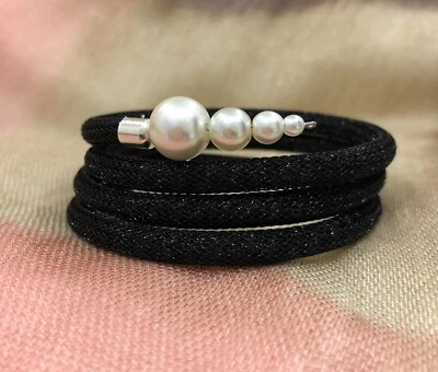 Gift. Handmade Black Shinny Nylon Mesh Tubing Bracelet, White Pearl - Jewellery - Image 1 of 4