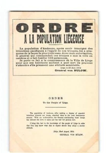 Postal antigua de la Primera Guerra Mundial Orden del General von Bulow al Pueblo de Lieja de 1914 - Imagen 1 de 2