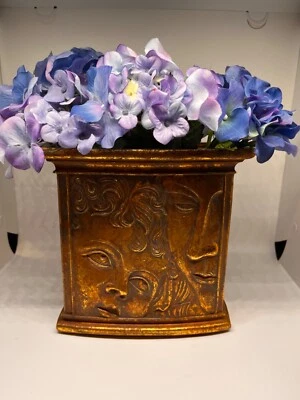 Embossing 3D Relief Golden Cast Plaster Vase/Pot 7,5” faces mother child - Image 1 of 4