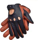 Men Driving Gloves Two Tone Genuine Leather Navy Cognac