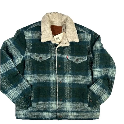 Levis Sherpa Premium Twill Trucker Jacket Standard Fit Green Plaid M,L,XL,XXL - Image 1 of 4