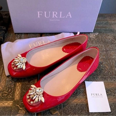 Furla ballet flats EU 38 / US 7.5 red patent leather cabochon jeweled maximalist - Image 1 of 4