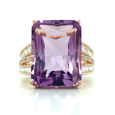 EFFY 14k Rose Gold Amethyst Baguette & Round Diamonds Open Cathedral Ring Size 7 - Image 1 of 4