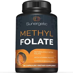 Premium Methyl Folate Supplement-Vitamin B12 & B6-400 mcg Methyl Folate-60 Caps - Picture 1 of 8