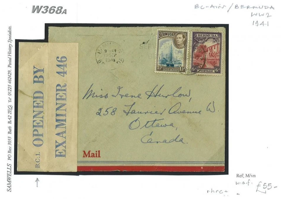 BERMUDA WW2 Censor *B.C.1* Cubierta Hamilton Correo Aéreo CANADÁ Ottawa {samwells}W368a Foto 1 de 1