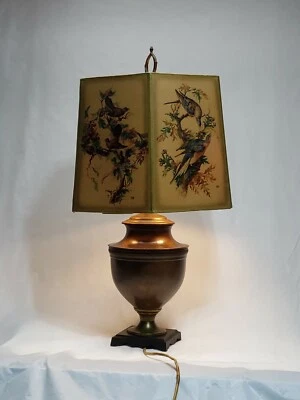 24英寸Antq黄铜和铜电台灯铁底座鸟印花6面灯罩 — 第 1/4 张图片