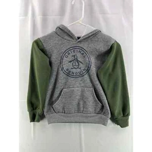 Original Penguin Boys Hoodie Size 7 Gray Long Sleeve Ribbed Pocket Graphic Logo - Picture 1 of 9