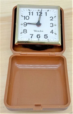 Vintage West Clock Travel Keywound Alarm Luminous Clock Clamshell 1970s Cover