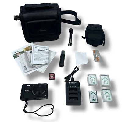 Sony Cybershot DSC-WX350 Digital Camera Black 18.2MP 20X Zoom 4 Batteries Bundle - Image 1 of 4
