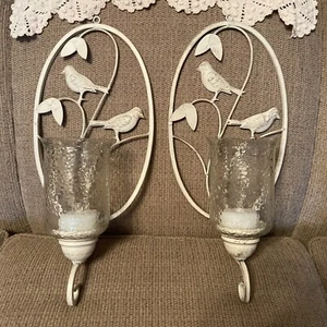 Pair of Metal wall Sconces Birds Glass Globes w/ battery candles White 18" x 8.5 - Picture 1 of 13