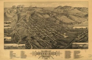 16" x 24" Map 1884 Bird's Eye View of Butte-City, Montana, County seat of Silver - Picture 1 of 1