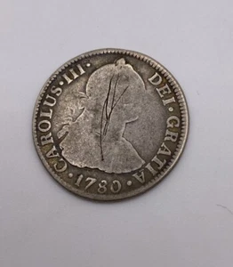 Moneda de Plata 1780 2 Reales España México Casa de la Moneda Ciudad de México Antigua Moneda Barco Pirata - Imagen 1 de 4