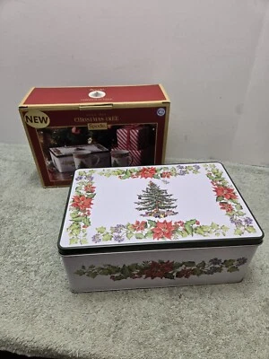 2 Spode Christmas Tree Tea Coffee Cups with Coasters In Metal Decorative Tin Set - Image 1 of 4