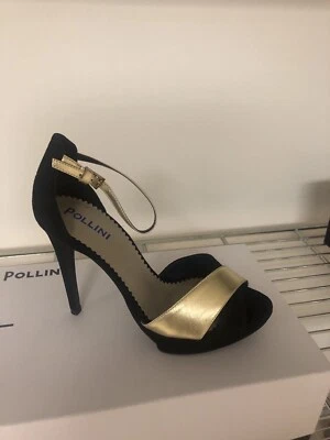 Pollini 鞋黑色麂皮绒和金色皮革高跟鞋 2 码可用 36 - 38 — 第 1/4 张图片