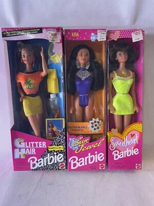Barbie NIB LOT of 3 dolls Glitter Hair SWEETHEART Sun Jewel Kira brunette 93 97 - Picture 1 of 18