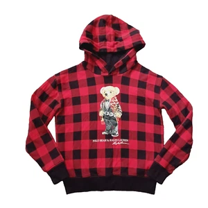 Polo Ralph Lauren Hoodie Boys L Red Black Buffalo Check Polo Bear Long Sleeve - Picture 1 of 15
