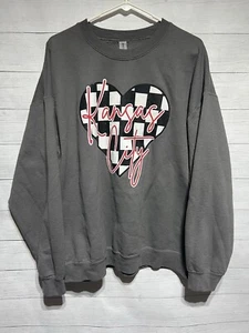 Gilden Crew Neck Gray Sweatshirt Kansas City Checkered Heart XL - Picture 1 of 2